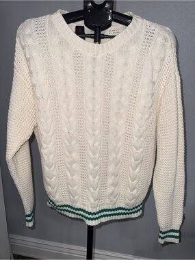 American Eagle Outfitters Cream Cable Knit Sweater with Green Stripes